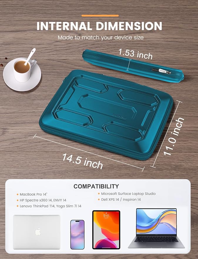 DOMISO 14 inch Laptop Sleeve with Handle Shockproof Computer Bag Waterproof EVA Protective Carrying Case for 14" ThinkPad E480/Yoga 920/13.5" Microsoft Surface Book/HP Pavilion 14 Stream 14, Teal