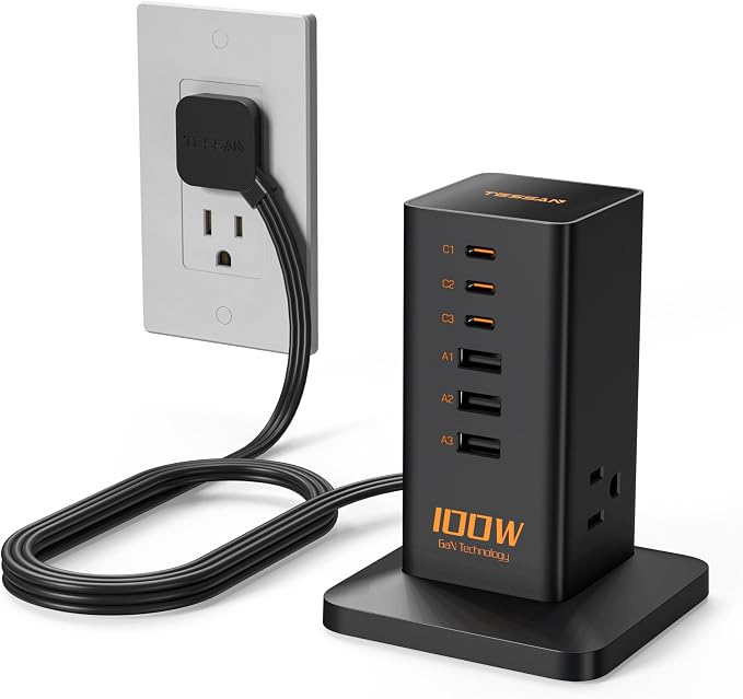 Charging Station for Multiple Devices 100W, TESSAN USB Fast GaN Station for iPhone 14/15, MacBook, Tablet, Type C Desktop Phone with 3 Outlets, Home Drom Office Accessories, Frosted Black, TS-CS03