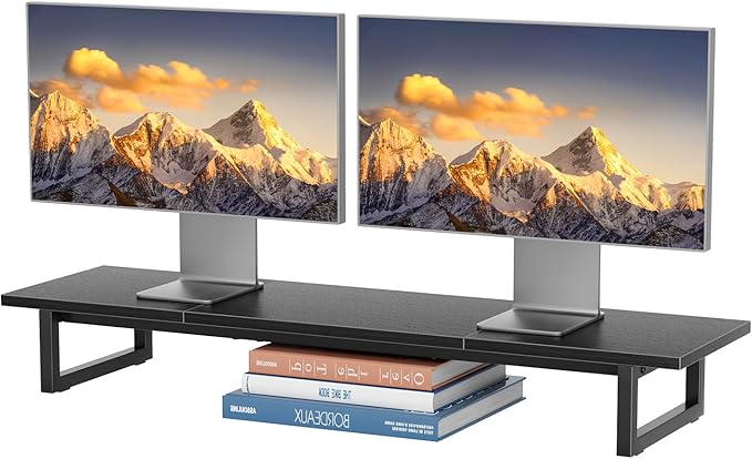 Simple Trending 38 Inch Dual Monitor Stand Riser, Wood and Steel Desktop Organizer for Home Office, Black