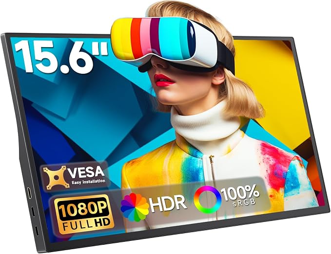 15.6" Portable Monitor 1080P FHD IPS, 250 Nits Brightness, Adjustable Kickstand with VESA Mount, USB-C HDMI, Dual Speakers, Ultra-Slim Travel Laptop Second Screen for Phone PC PS5 Switch