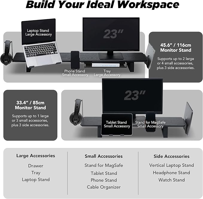 ULTRARM Moodular Wooden Monitor Stand 33.4” (85cm) Desk Organizer with Metal Slide Rails for Drawer, Tray, Laptop, Tablet, Phone & Headphones Customizable Riser for Organized Workspace Black MS85-B