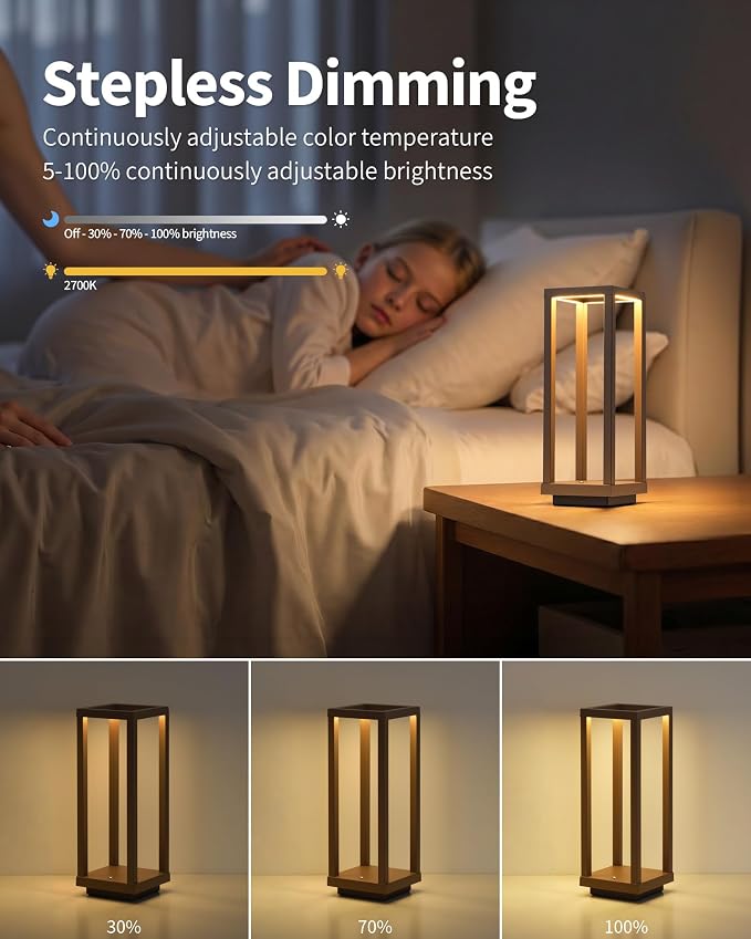 PUSU Cordless Waterproof Table Lamps Set of 2, Brown Outdoor Rechargeable 4000mAh Battery Operated Desk Lamp 2700K 3-Level Dimmable, Portable LED Lighting for Patio, Camping, Bedroom, Night Light