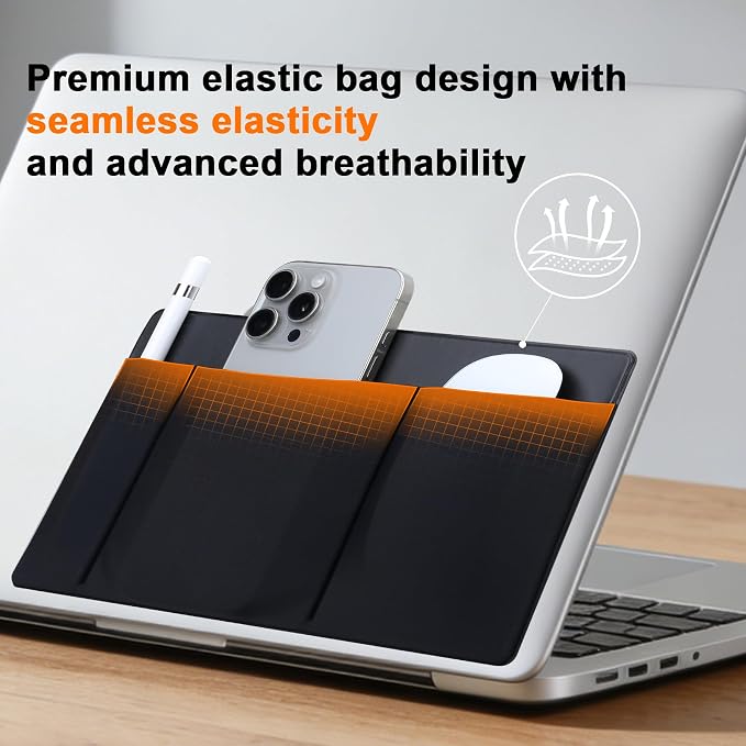 Feacn 3-Pocket Organizer Storage Pouch, Adhesive Laptop Accessory Organizer, for Portable HDD, SSD, USB Drive, Mouse, Cables, Mouse Holder for Laptop, External Hard Drive SSD Holder for Laptops, Black