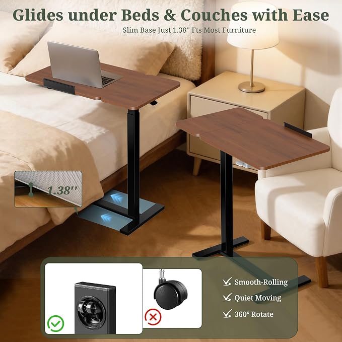 Mobile Standing Desk with Hidden Casters, Adjustable Height Desk, Portable Laptop Computer Table with Tilting Top, for Sit Stand Workstation, Compact and Sturdy for Home, Office, Dorm,Brown