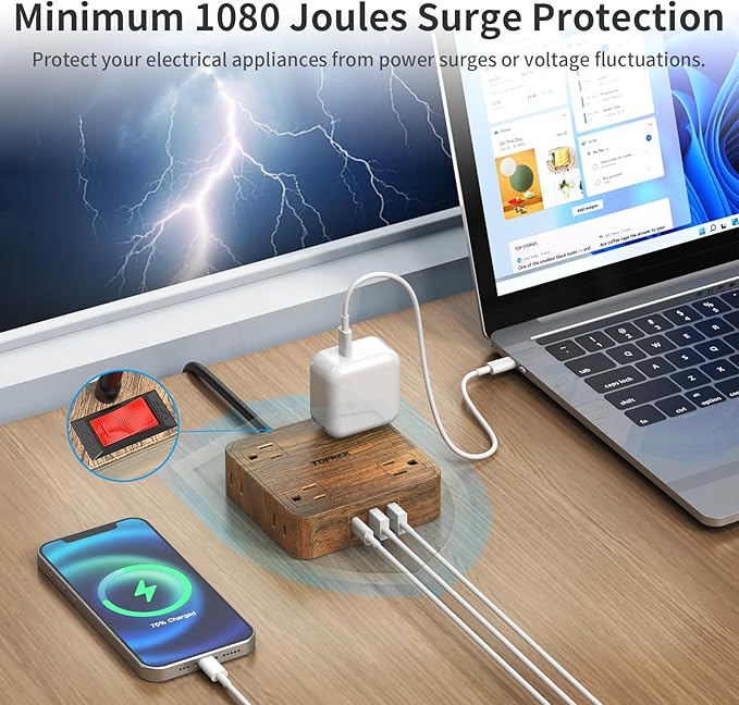 TOPREK Power Strip Surge Protector (1080J), 8 Widely-Spaced Outlets with 1 USB-C & 2 USB-A, Wood Finish Power Strip with USB for Home, Office, Dorm, Travel, 5 FT Extension Cord with Flat Plug