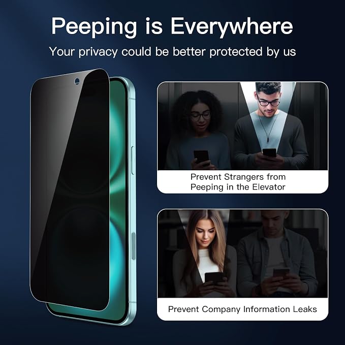 NEW'C 3x Privacy for iPhone 16 Plus Screen Protector (6.7 inches)+ 3x Camera Lens Protector, Sensor Protection, Case Friendly Tempered Glass Film + Dust Plug - Easy installation tool included
