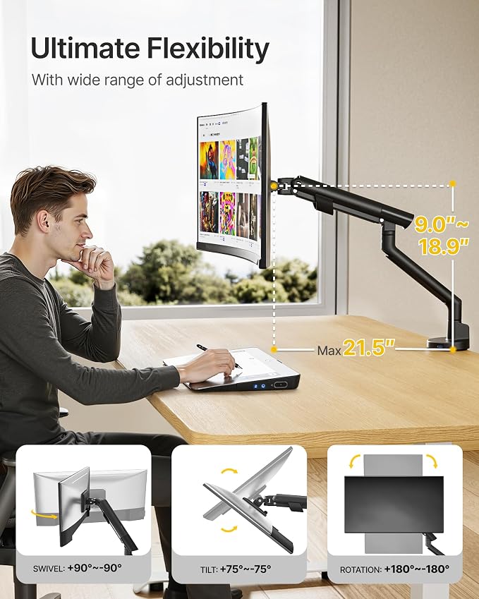monTEK Single Monitor Arm with USB for 17-40 Inch Screens, Up to 26.4 lbs, Heavy Duty Monitor Mount with VESA Mount, Full Motion Adjustment Monitor Stand C-Clamp/Grommet Base,VESA 75/100mm, Black