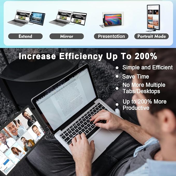14.1'' Laptop Screen Extender, FHD IPS Portable Monitor, 360° Rotatable Dual Monitor for Laptop, Extender Connected with Type-c/hdmi, Support PC/Mobile Phone, Black