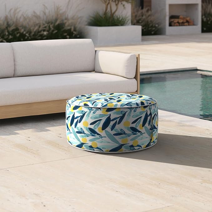 DYTXIII Inflatable Ottoman Stool D21 xH9 for Outdoor/Indoor Use, Water Repellent Patio Foot Rest Stool with Portable Handle,Round Pouf Ottoman Suitable for Garden,Deck and Camping - Leaves Multi