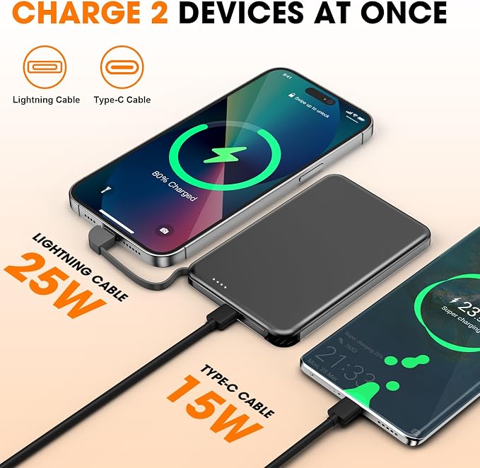 for MagSafe Portable Charger, 0.3" Ultra Slim 5000mAh Magnetic Power Bank, 25W PD Fast Charging Battery Pack with Built-in Cable, Travel Battery Bank for for iPhone 16/15/14/13/12 Grey