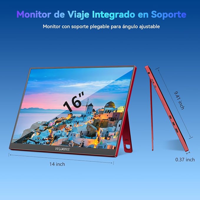 WUAWE 16 inch Portable Laptop Monitor, 100% sRGB Portable Gaming Monitor with Built-in Stand, HDR and Freensync, External USB C Monitor for Laptop, PC, Phone, Switch and PS5(Red)