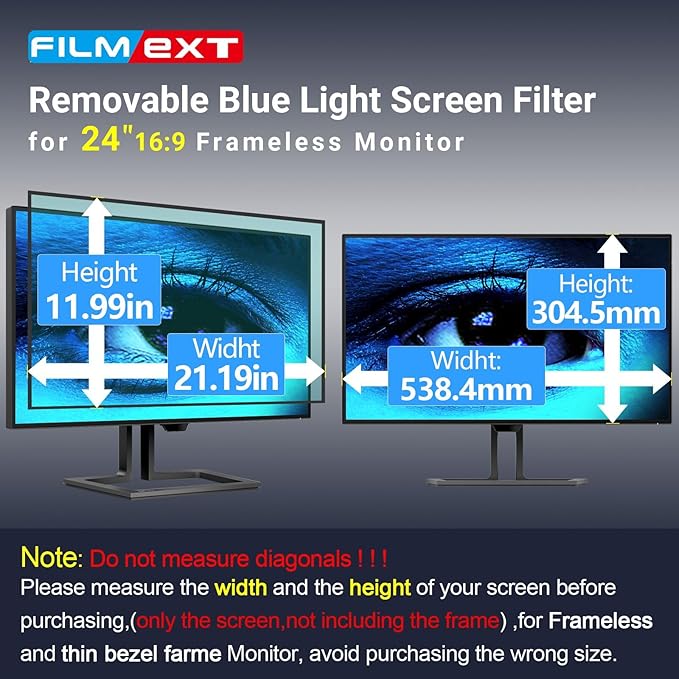 FILMEXT Removable 24 Inch Computer Blue Light Screen Filter for 16:9 Frameless Monitor - Bubble Free High Clarity- Eye Protection Blue Light UV Blocking Protector for Thin Bezel Computer Monitor