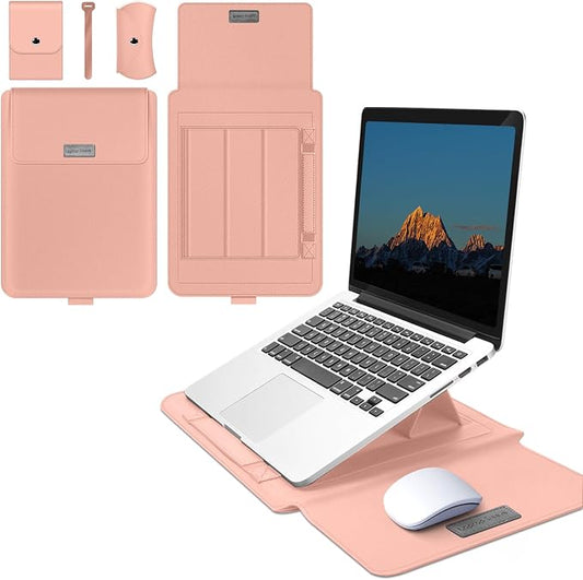 13-14 inch Laptop Sleeve Protective Case for MacBook Air/Pro 13-14" M5/M4/M3/M2/M1 (Pro/Max), [3 in 1] PU Leather Laptop Waterproof Slim Cover with Stand and Mouse for MacBook - Pink