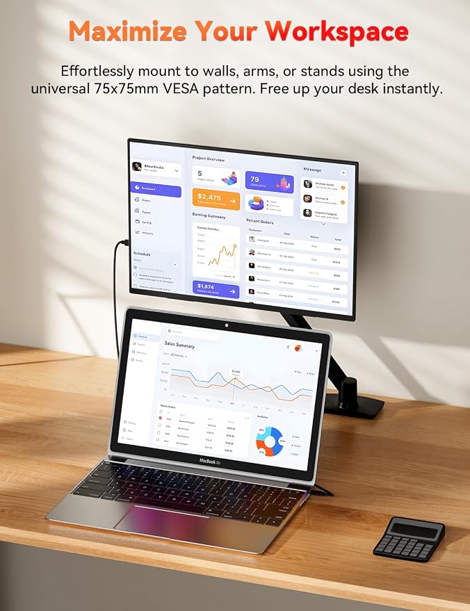 HotYeah Portable Monitor, 15.6-in 1080P FHD Laptop Monitor USB-C HDMI External Computer Display HDR FreeSync IPS w/Kickstand & Speaker, 2nd Screen for Laptop PC Mac Phone Tablet Switch PS5 Xbox