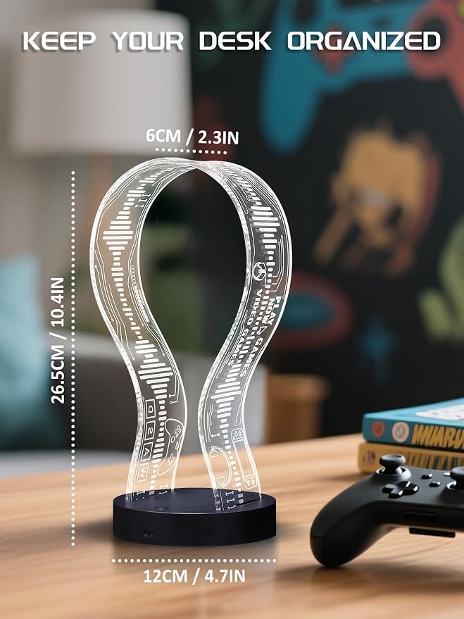 CoolGift Mart Light Up Headphone Stand with 16 Color Lights, Game Pattern Acrylic Headset Stand with 1 USB and 1 Type-C Charging Ports, Gifts for Gamers Men and Music Lovers