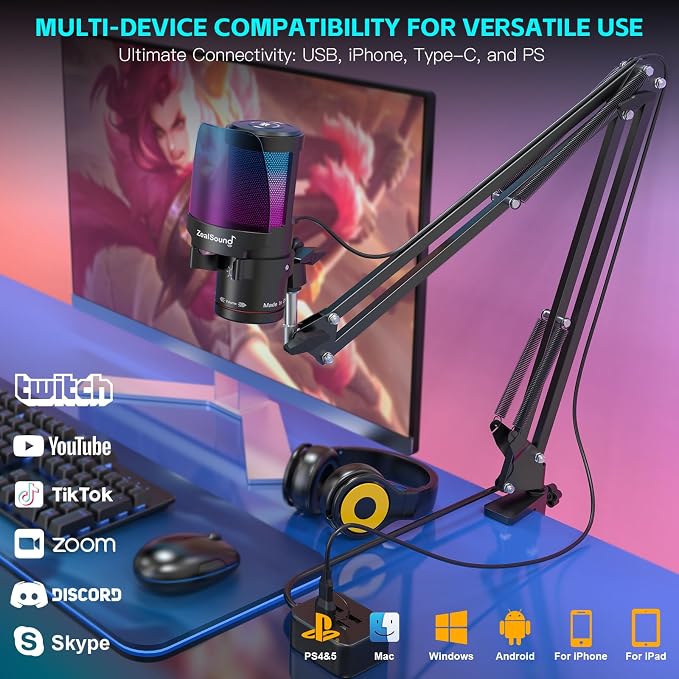 ZealSound Gaming USB Microphone for iPhone,Noise Cancellation Gaming mic with Touch Mute,Gain,Monitoring,USB Mic Boom Arm for Streaming,Podcast,Twitch,YouTube,Discord,iPad,PC,Computer,PS4,PS5,Mac