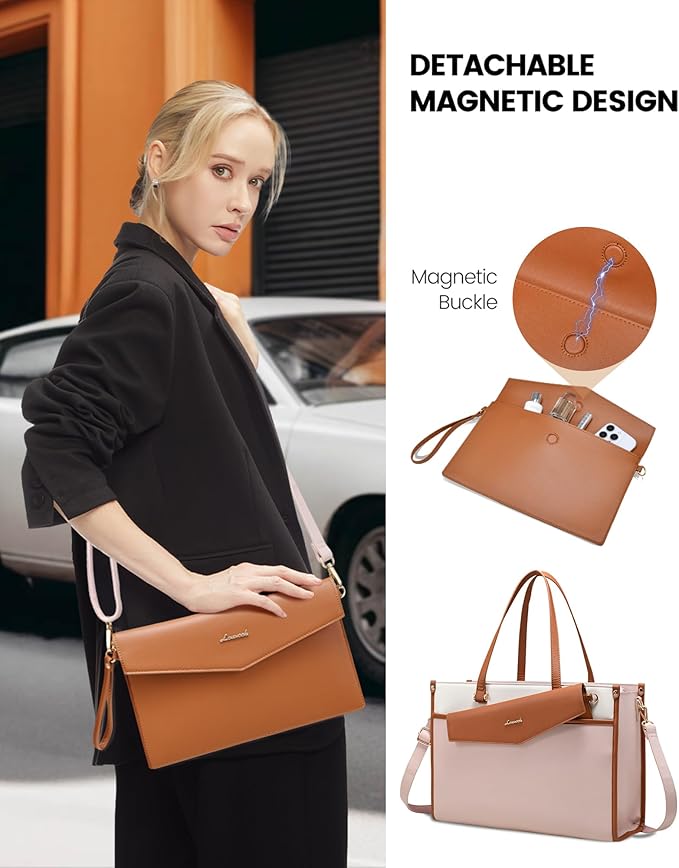 LOVEVOOK Laptop Bag for Women, 15.6'' Laptop Tote Purse 2-in-1 Professional Work Bag Business Briefcase with Clutch Purse, Waterproof Leather Computer Handbag for Teacher Office Travel