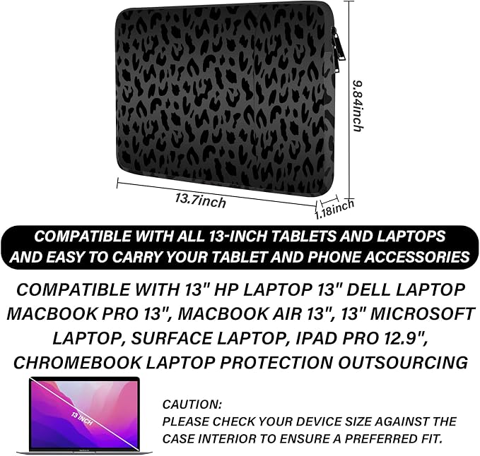 13-14 Inch Laptop Sleeve Bag with Pocket, Water Resistant Case Compatible with MacBook Air/Pro 13,MacBook Neo 13,iPad Pro 12.9,Surface,Dell,HP,Chromebook(Black Leopard Print)
