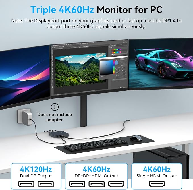Displayport Splitter 3 Monitors Dual DP with HDMI Adapter 4K60Hz Extended Display 1 in 3 Out Displayport MST Hub for Multiple Monitors Compatible for PC, Graphics Card, Lenovo, HP and More