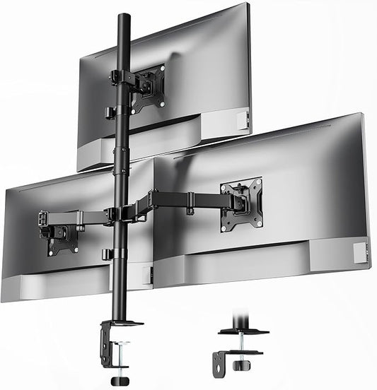 monTEK Triple Monitor Stand Mount, Fully Adjustable Desk Mount for 3 Screen up to 17”-32” and 22lbs Capacity Each Arm, Stable Monitor Arm with C Clamp and Grommet Base, VESA 75x75mm/100x100mm