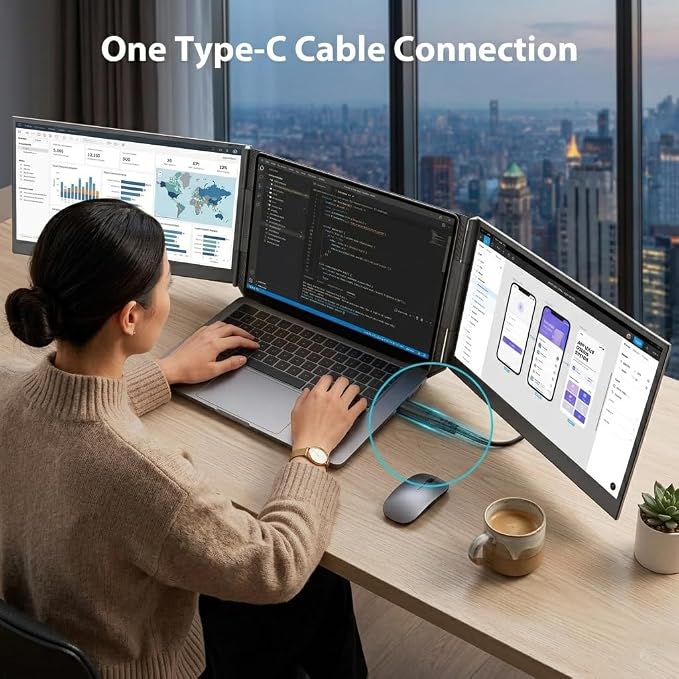 APILDELLA 15.6" Triple Laptop Screen Extender One Cable, 1080P FHD Portable Dual Monitor, Ultra-Slim Travel Monitor Extender for Triple Display on Mac/Windows, Fits 13"-17.3" Laptops（Driver Required）