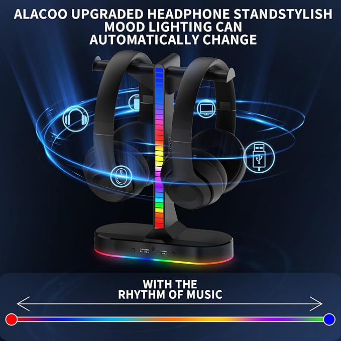 RGB Headphone Stand - Dual Gaming Headset Holder with 3 USB Charging Station and 3.5mm Audio Port,8 Light Modes, Suitable for Gaming, Wireless Earphone Display, Gamer Gifts for Men (Black)