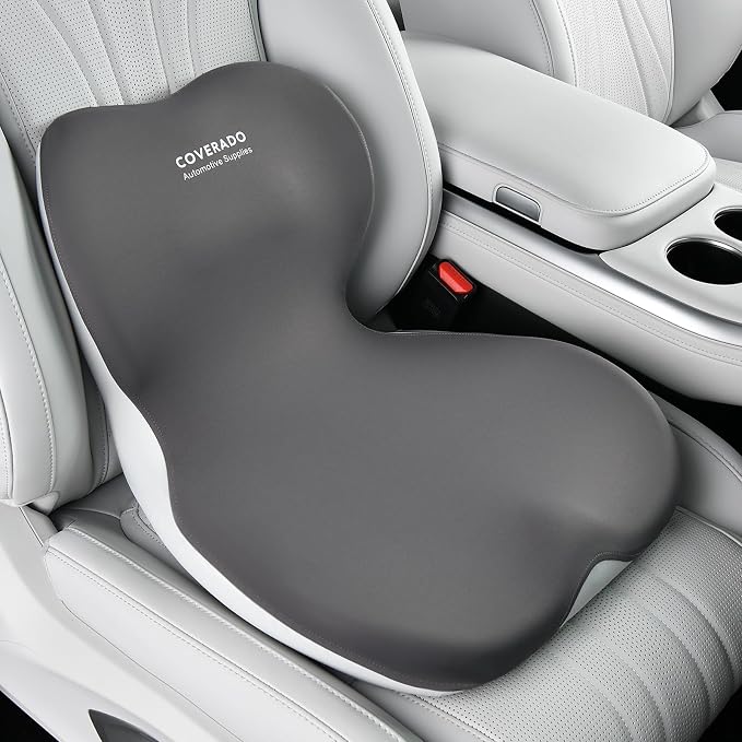 Coverado Seat Cushion and Lumbar Support Pillow One Piece for Car Office Chair, Ergonomic Memory Foam Desk Chair Cushion Back Support Pillow, Sciatica & Back & Tailbone Pain Relief Cushion-Gray