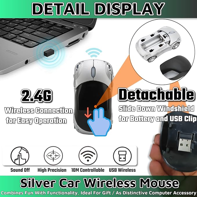 HuGuWdy Silver Car Mouse，2.4G with USB Reciver 1600DPI Computer Mice Wireless for Computer Wireless Computer Mouse for Laptop Tablet for Windows Mac OS（Silver）