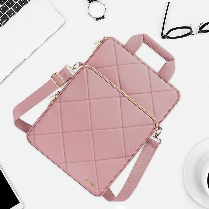 MOSISO Vertical Laptop Bag,Computer Bags,Rhombus Quilted Laptop Shoulder Bag with Trolley Sleeve&Pocket&Handle
