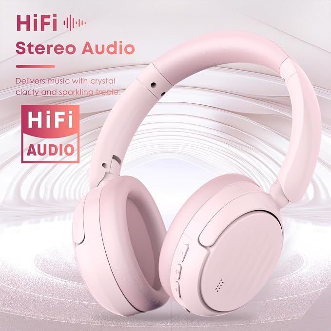 Bluetooth Headphones with Active Noise Cancelling (ANC), Wireless Over Ear Bluetooth Headsets with 35H Playtime, HiFi Stereo Foldable Headphones with Foam Ear Cups for Sports, Travel, Pink