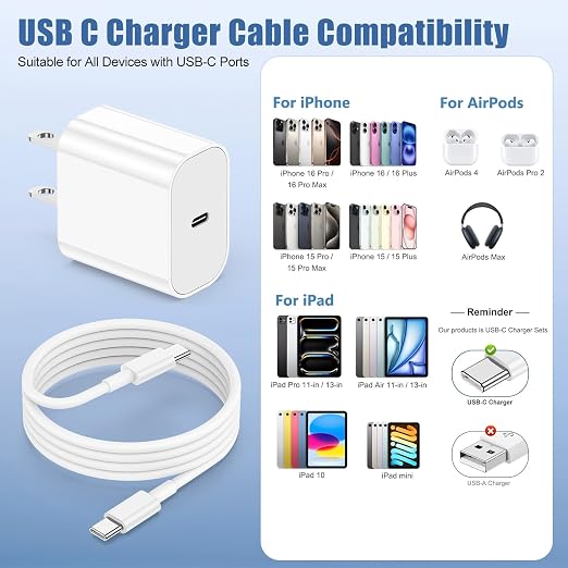 iPhone 16/15 Charger Fast Charging, 2Pack 20W PD USB C Fast Wall Charger Block with USB C to C Fast Charging Cable Cord Compatible with iPhone 16/15/15 Pro/15 Pro Max/15 Plus,iPad 12.9/11/10.9/Air 5/4