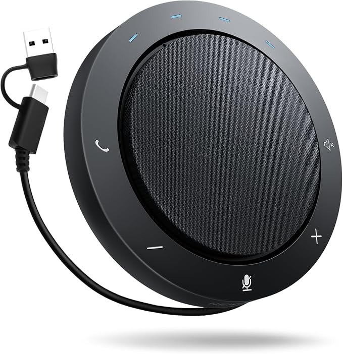 Bluetooth Speakerphone for Conference Calls – 2 AI Noise Reduction Mics, 360° Voice Pickup, USB-C & USB-A Adapter, 10-14H Playtime, Compatible with Zoom/Teams/Skype/Meet