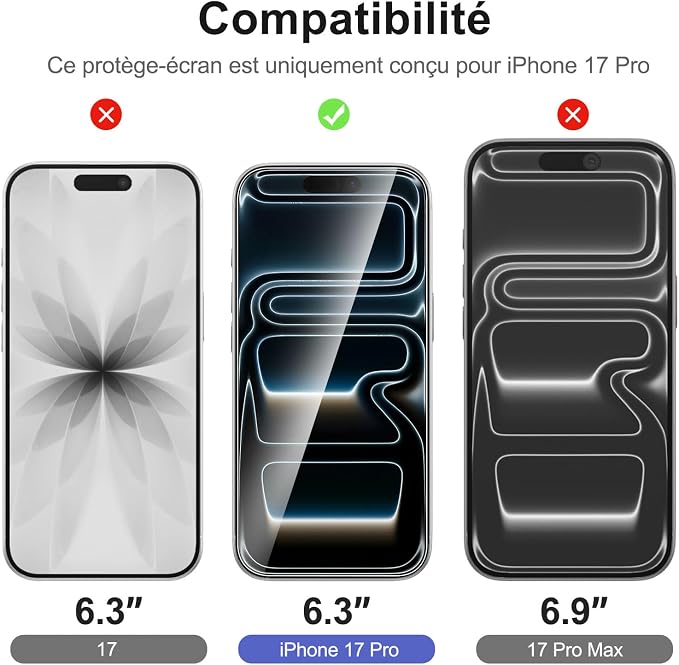 NEW'C 3x Screen Protector for iPhone 17 Pro (6.3 inches)+ 3x Camera Lens Protector, Sensor Protection, Case Friendly Tempered Glass Film, Ultra Resistant, Easy installation tool include