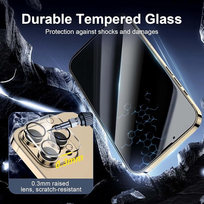 NEW'C 3x Privacy for iPhone 13 Pro Max Screen Protector (6.7 inches)+ 3x Camera Lens Protector, Sensor Protection, Tempered Glass Film +Dust Plug - Enhanced Privacy Angle of 28 Degrees