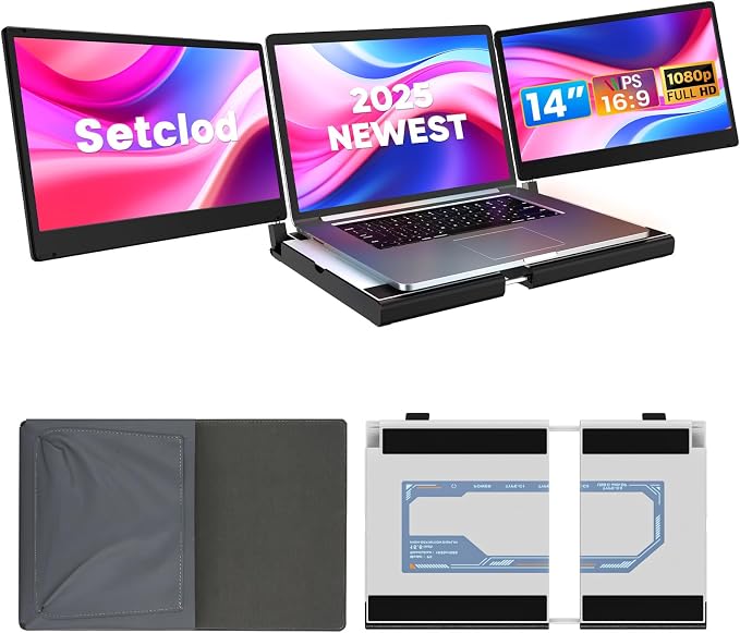 Setclod 14" FHD 1080P Laptop Monitor Extender, Triple Screen, Portable, Compatible with Mac, Windows, Chrome (Triple 14" Monitor)