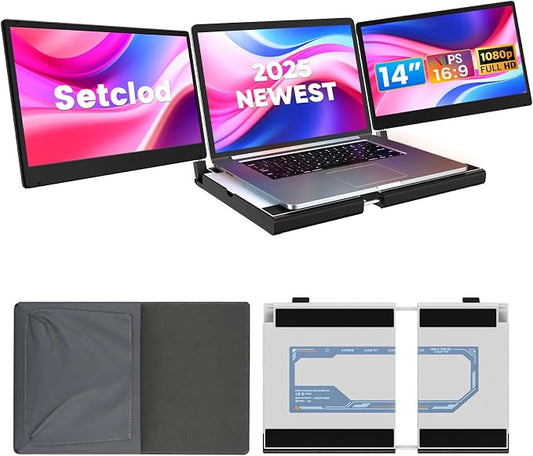 Setclod 14" FHD 1080P Laptop Monitor Extender, Triple Screen, Portable, Compatible with Mac, Windows, Chrome (Triple 14" Monitor)
