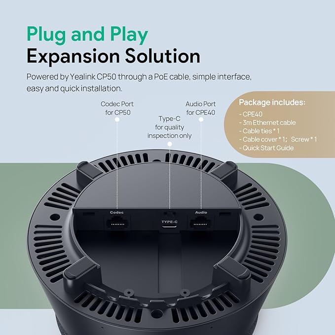 Yealink CPE40 Conference Speaker, Expansion Microphone for CP50, AI Noise Cancellation, 8 360 Omni Mics Array, 19.6ft Pickup, Daisy Chain up to 7 Speakerphones for Zoom, Teams, Large Meeting Room