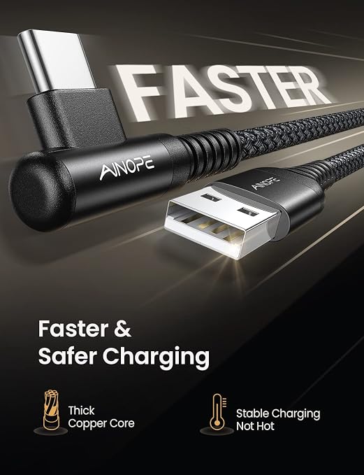 AINOPE Type C Charging Cable Fast Charge 3.1A Right Angle USB C Charger Cable, Resistant Nylon Braided USB C Cord -10ft/3m Black