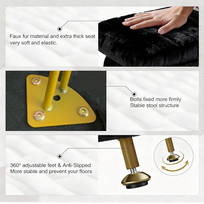 Small Foot Stool with Storage & Gold Metal Legs, Small Ottoman Foot Rest Under Desk for Couch, Chair, Black Furry with High-Density Resilient Sponge