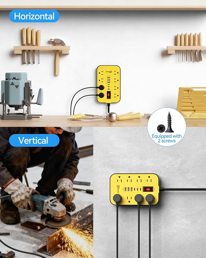 Heavy Duty Power Strip with Surge Protector, 6 USB Ports(3 USB-C), 14 Gauge Extension Cord 6 FT, Industrial High Wattage for Workbench, Workshop, Kitchen, Garage Must Have