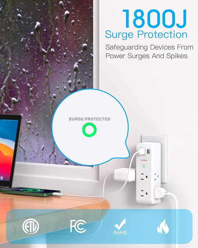 Surge Protector Outlet Extender with Rotating Plug, 6 AC Multi Plug Outlet with 3 USB Ports (1 USB C Port), 1800J Wall Charger, 3-Sided Power Adapter Outlet Splitter for Home Office, White