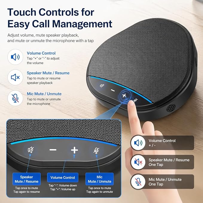 USB Speakerphone for PC, Conference Speaker and Microphone, Plug and Play, AI Noise Reduction and Echo Cancellation, Touch Controls, One-Tap Mute, LED Indicator, for Computer Desktop