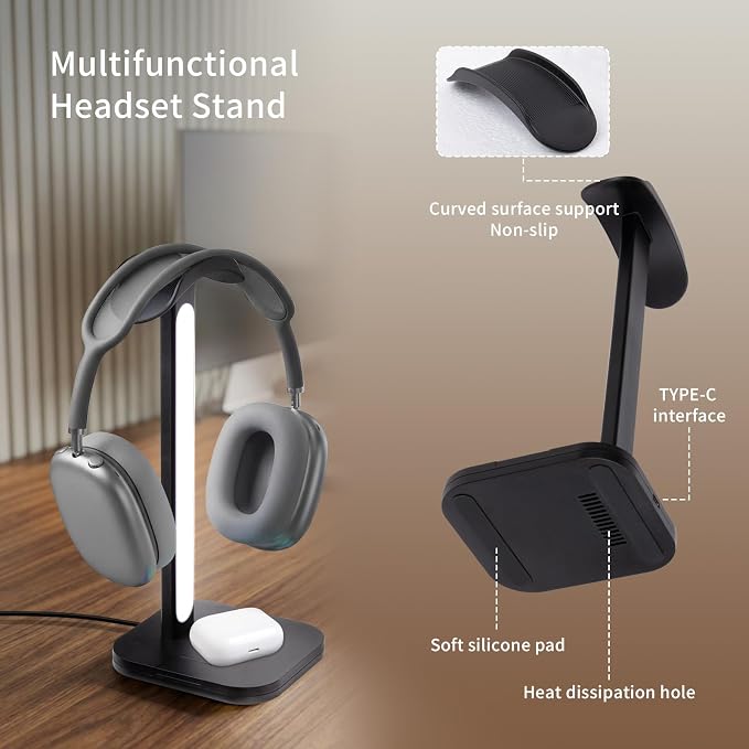 3 in 1 Gaming Headphone Stand with Wireless Charger, Desktop Headset Holder Hanger Rack, Wireless Charging Station Compatible for iPhone Series, PS5, Xbox, PC Gaming Desk Accessories, White