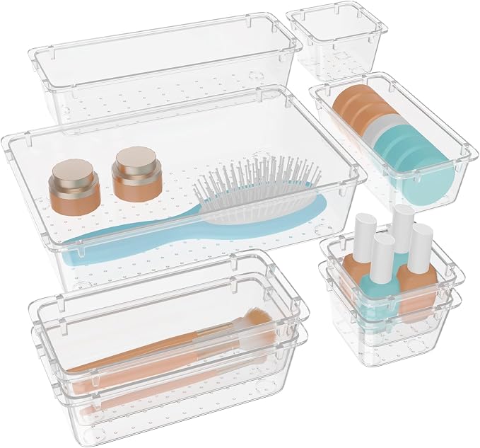 WOWBOX 8 PCS Clear Plastic Drawer Organizer Set, 4 Sizes Desk Drawer Organization and Storage Containers for Makeup, Cosmetics, Jewelry and Gadgets in Kitchen, Bathroom, Bedroom, Office, Clear