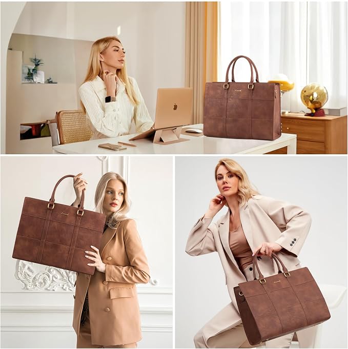 LOVEVOOK Laptop Bag for Women, 15.6 Inch Laptop Tote Bag, Vintage Leather Work Bags for Women, Waterproof Computer bag with Clutch Purse, Large Capacity Briefcase, Business Office Bag | Two-piece set