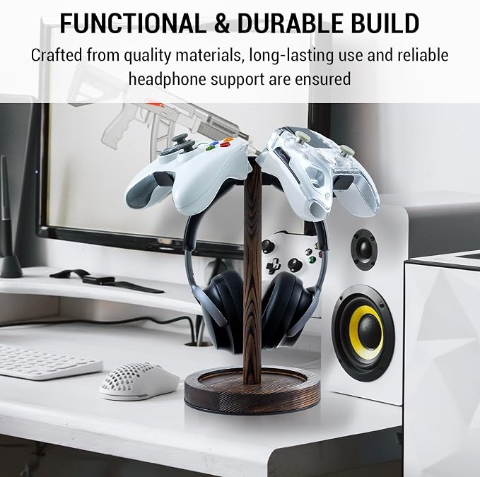 MyGift Industrial Matte Black Metal Headphone Stand with Burnt Wood Tray – Desktop Headset and Gaming Controller Holder for Office, Studio, or Console Setup