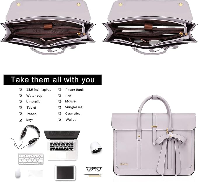 MOSISO Laptop Bag for Women, 13-14 inch PU Leather Laptop Shoulder Bags Convertible Backpack, 13.3 inch Messenger Bags Casual Handbag Work Briefcase Travel Computer Bag with Bowknot, Dusty Lilac