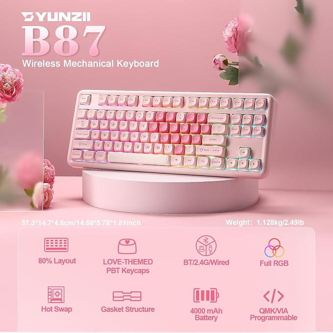 YUNZII B87 Wireless Mechanical Keyboard,QMK/VIA Programmable,TKL Layout 87 Keys,BT/2.4G/USB-C,Hot Swap Gasket Mount RGB Backlit Gaming with Wrist Rest for Win/Mac (Pink, Milk V2)
