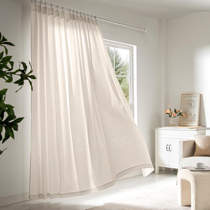 Memory Trained Pinch Pleated Curtains 84 Inches Long, Viral Linen Pinch Pleat Sheer Curtains with Ring Hooks&Clips for Track System Living Room, Warm Beige Light Filtering Privacy Curtain 2 Panel Set
