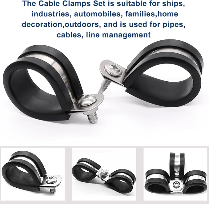Taiss 50PCS 1/4 Inch Cable Clamps 304 Stainless Steel Rubber Cushion Insulated Pipe Clamps,Loop Clamps,Wire Clamps,Metal Clamp With two kinds of screws (6mm) F-098-6mm
